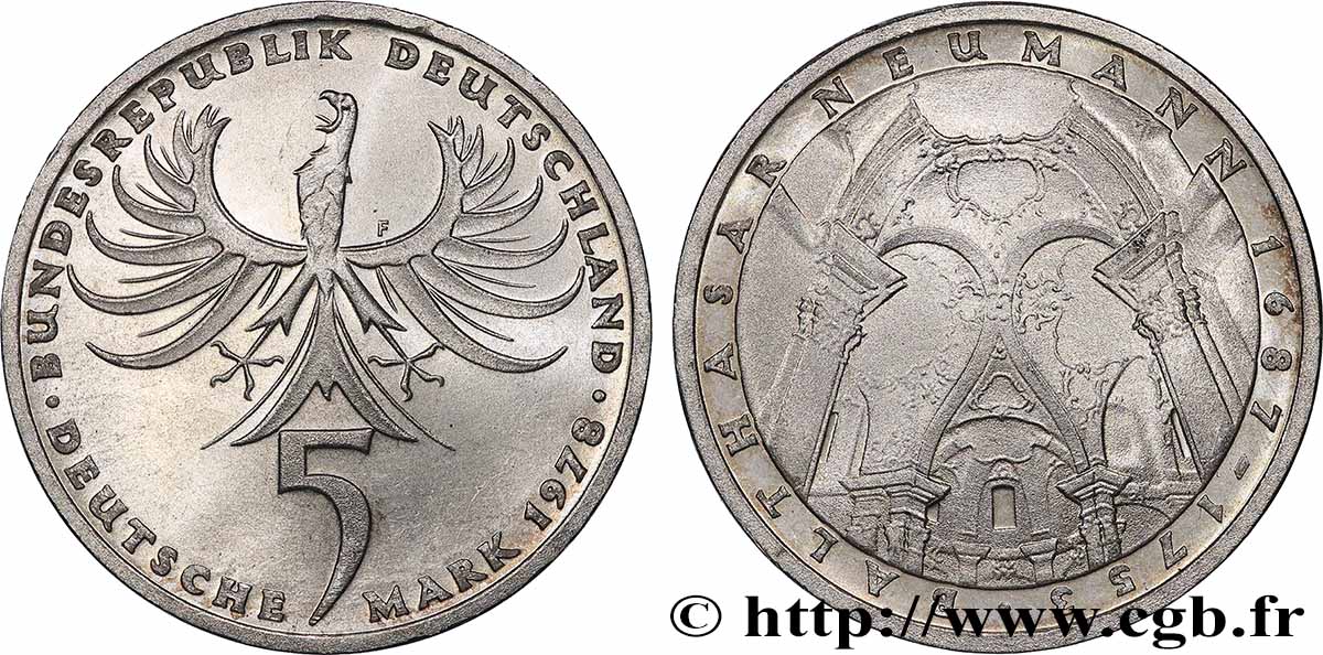 GERMANY 5 Mark Proof l’architecte baroque Balthazar Neumann 1978 Stuttgart MS 