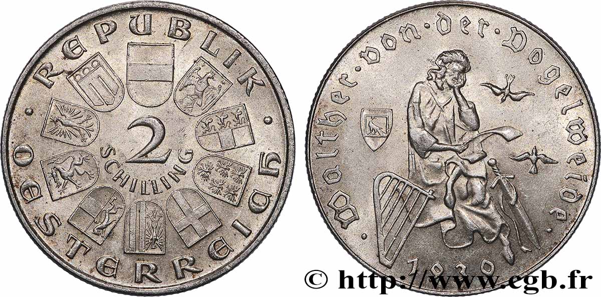 ÖSTERREICH 2 Schilling 700e anniversaire de la mort de Walter von der Vogelweide 1930  fVZ 