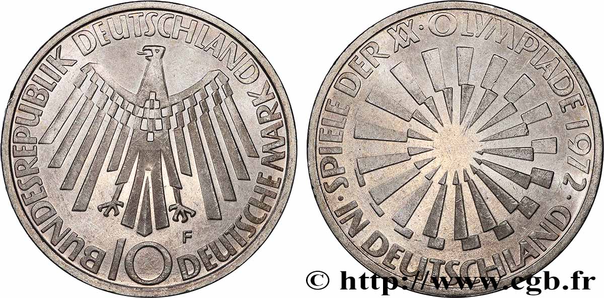 ALLEMAGNE 10 Mark XXe J.O. Munich / aigle type “IN DEUTSCHLAND” 1972 Stuttgart SPL 