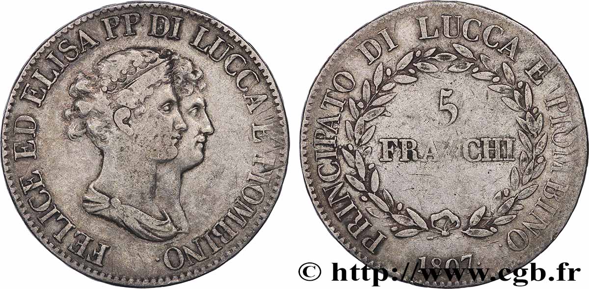 ITALY - PRINCIPALTY OF LUCCA AND PIOMBINO - FELIX BACCIOCHI AND ELISA BONAPARTE 5 Franchi 1807 Florence VF 