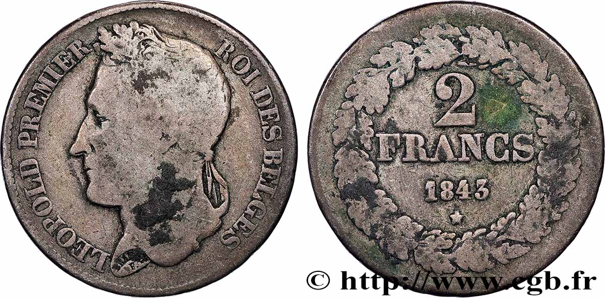 BELGIQUE - ROYAUME DE BELGIQUE - LÉOPOLD Ier 2 Francs tête laurée 1843  TB 