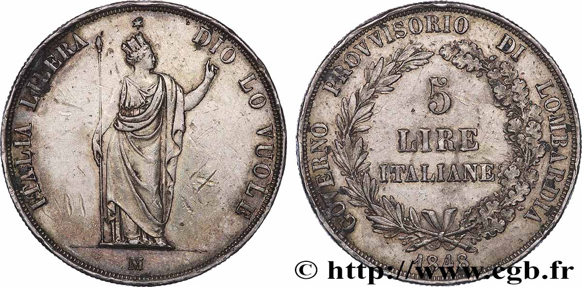 ITALIA - LOMBARDIA 5 Lire Gouvernement provisoire de Lombardie 1848 Milan q.SPL 