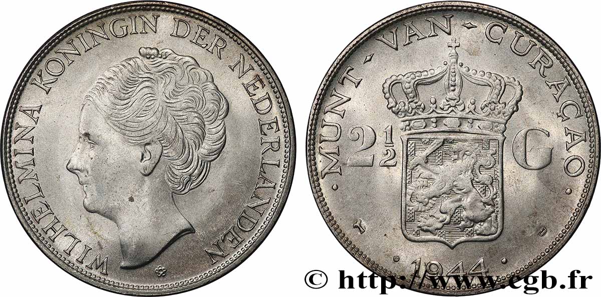 CURACAO 2 1/2 Gulden reine Wilhelmina des Pays Bas 1944 Denver SPL 