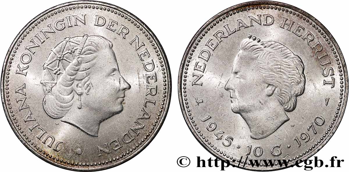 NIEDERLANDE 10 Gulden 25e anniversaire de la libération 1970 Utrecht fST 