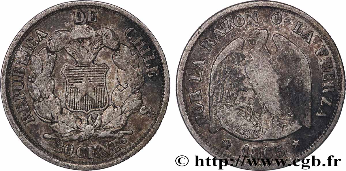 CHILE 20 Centavos condor 1865 Santiago - S° VF 