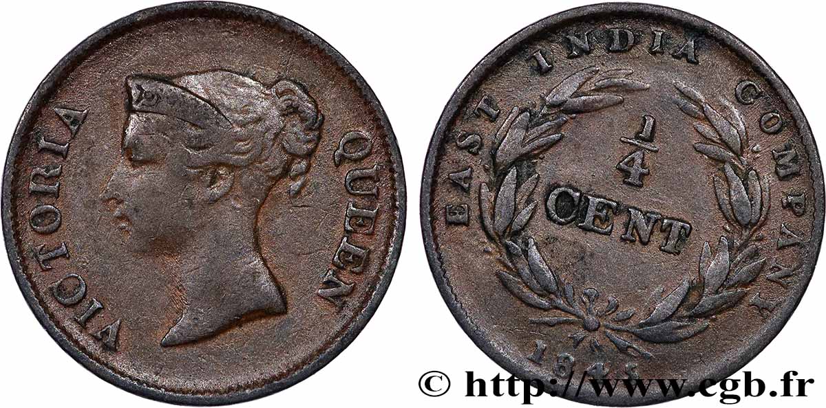 MALAYSIA - STRAITS SETTLEMENTS 1/4 Cent Victoria 1845  VF 