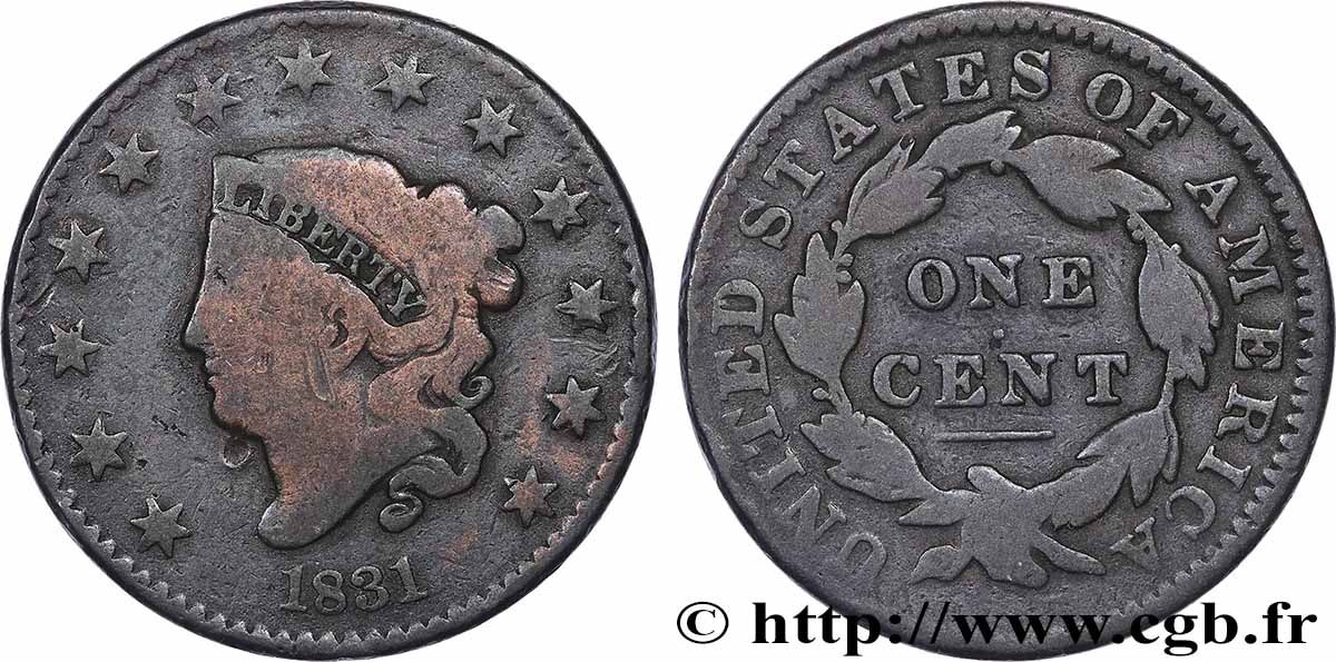 UNITED STATES OF AMERICA 1 Cent Liberté “Braided Hair” variété moyennes lettres 1831  VF 
