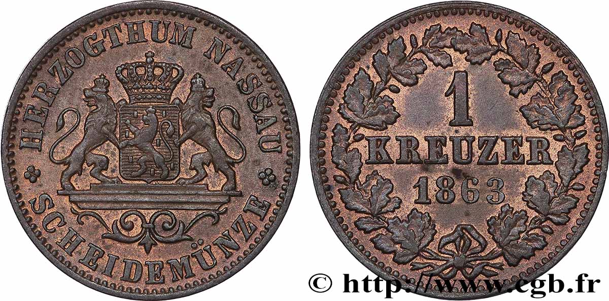 ALLEMAGNE - NASSAU 1 Kreuzer Grand-Duché de Nassau 1863  SUP 