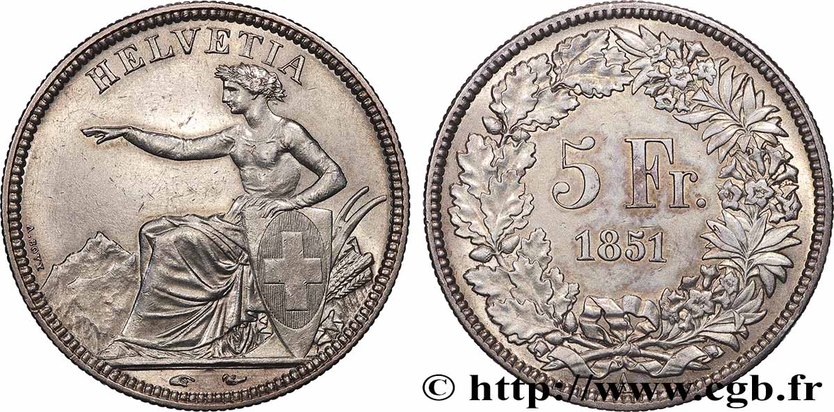 SUISSE - CONFEDERATION 5 Francs Helvetia assise 1851 Paris fVZ 