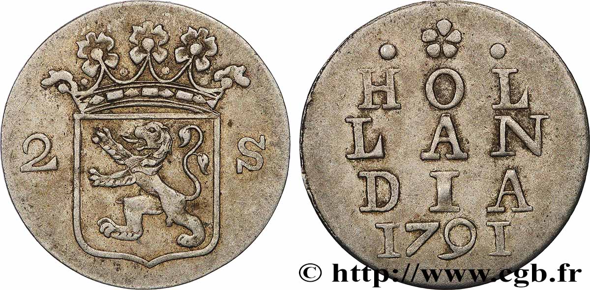 PAESI BASSI - PROVINCE UNITE 2 Stuivers Hollande : armes couronnée 1791  BB 
