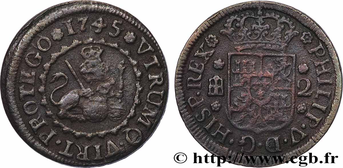 ESPAGNE 2 Maravedis Philippe V 1745 Ségovie TTB 