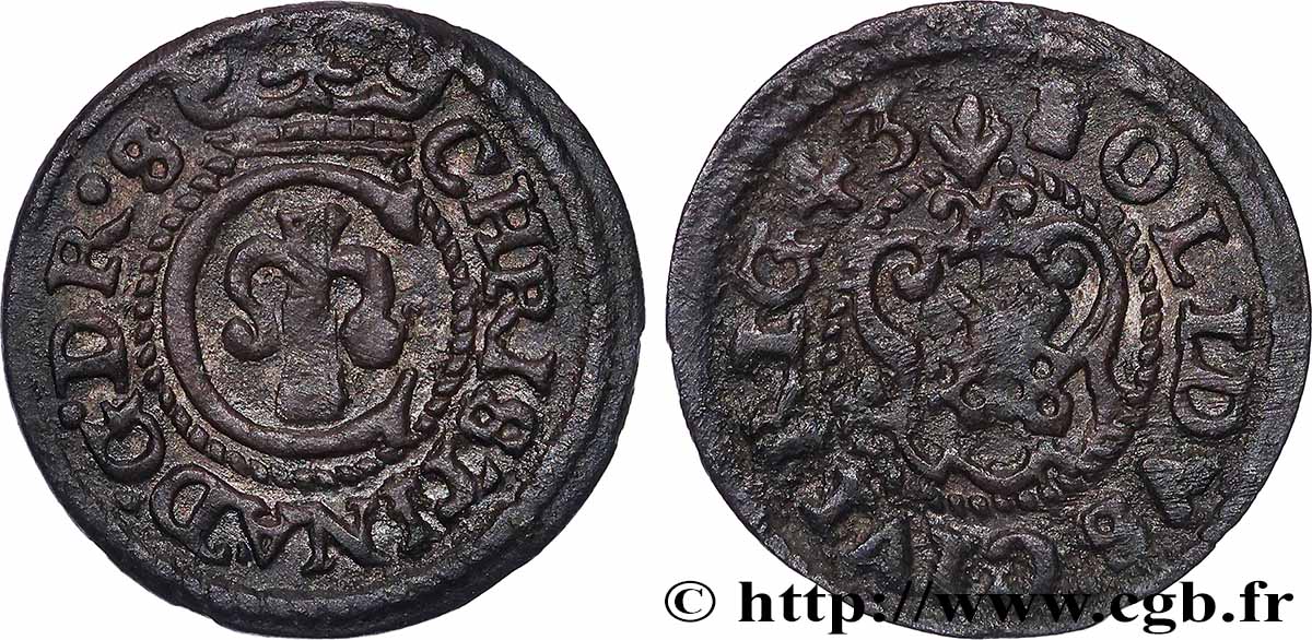 LIVONIE SUÉDOISE 1 Solidus (Schilling) au nom de Christine de Suède 1643 Riga TTB+ 
