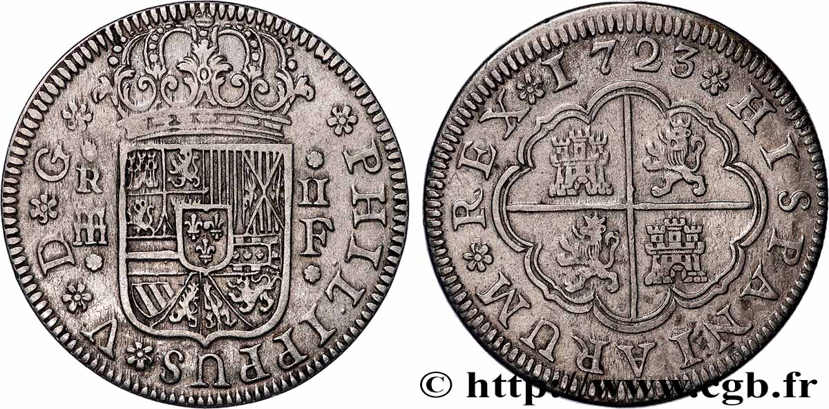 SPANIEN - KÖNIGREICH SPANIEN - PHILIPP V. VON BOURBON 2 Reales  1723 Ségovie SS 