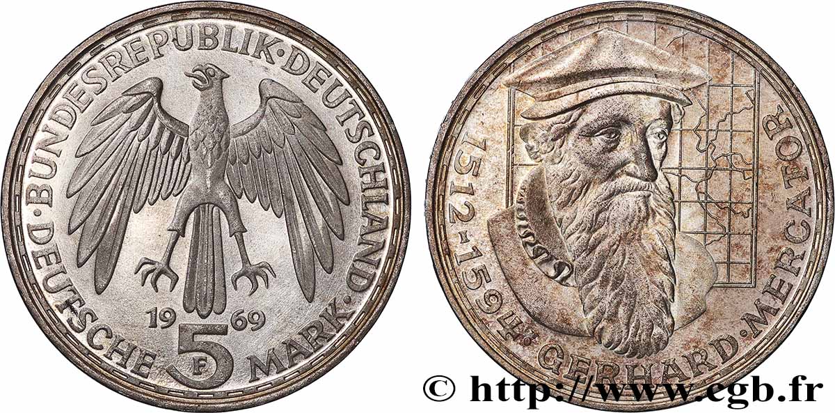 GERMANY 5 Mark Proof Gerhard Mercator 1969 Stuttgart AU 