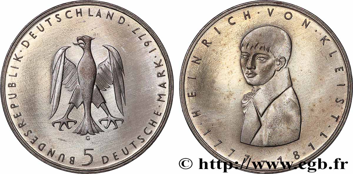 GERMANY 5 Mark proof Heinrich von Kleist 1977 Karlsruhe AU 