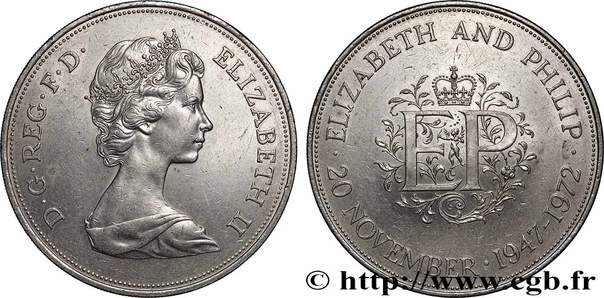 ROYAUME-UNI 25 New Pence (1 Crown) 25e anniversaire de mariage d’Elisabeth II 1972 Londres SUP 