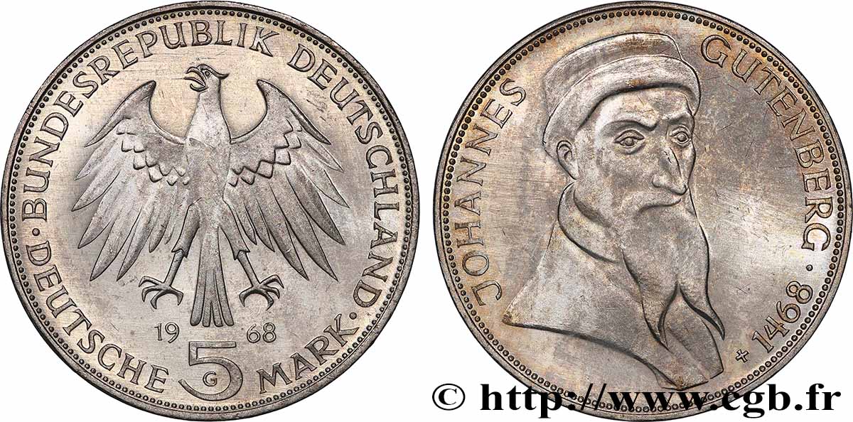 GERMANY 5 Mark Proof Johannes Gutenberg 1968 Karlsruhe MS 