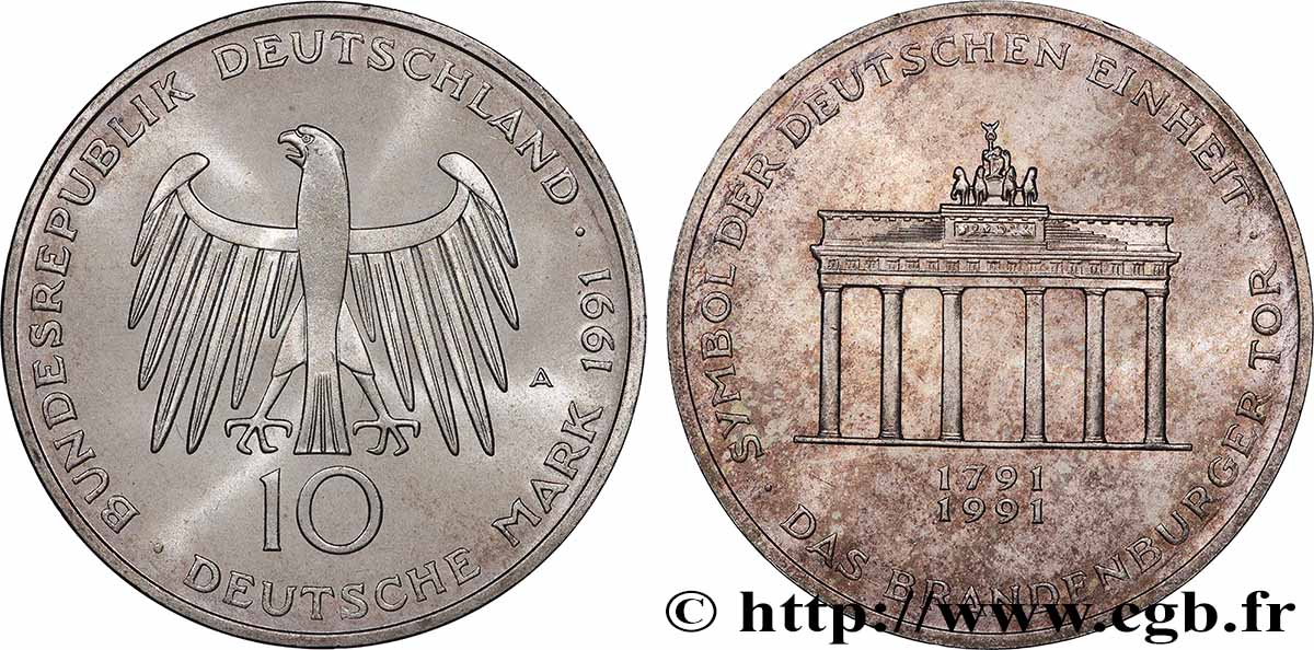 ALLEMAGNE 10 Mark 200e anniversaire de l’inauguration de la Porte de Brandebourg 1991 Berlin SPL 