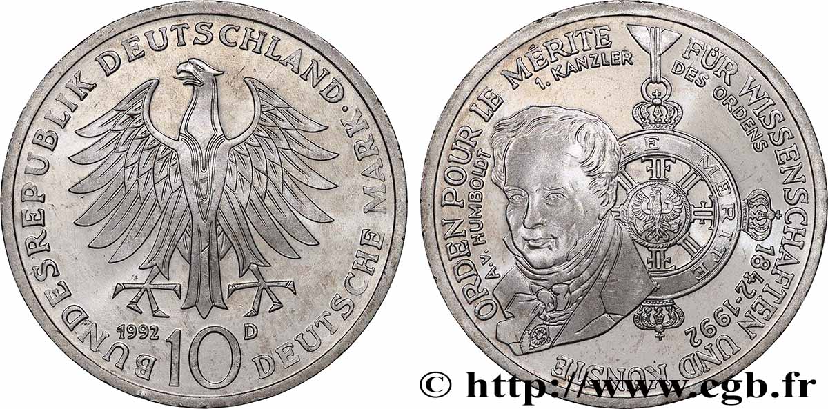 ALLEMAGNE 10 Mark Proof A.V. Humbolt, 1er chancelier de l’Ordre pour le mérite 1992 Munich  SPL 