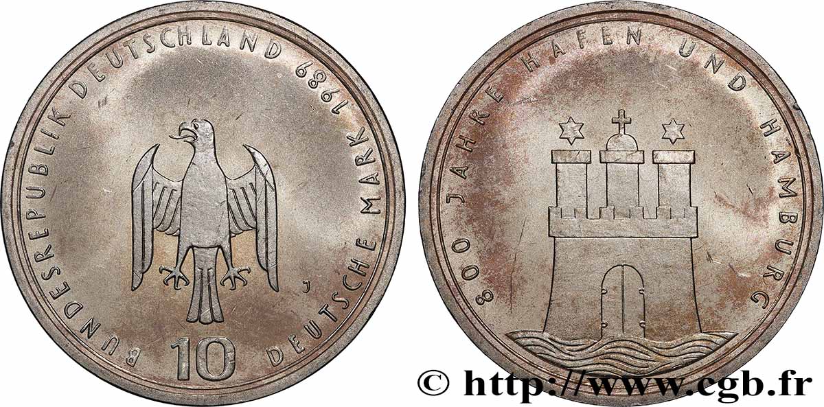ALLEMAGNE 10 Mark 800e anniversaire de la charte de ville libre de Hambourg 1989 Hambourg SPL 