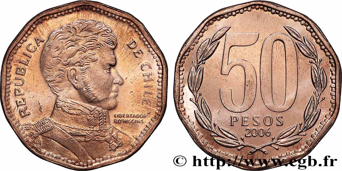 CHILE 50 Pesos Bernardo O’Higgins 2006 Santiago - S° AU 