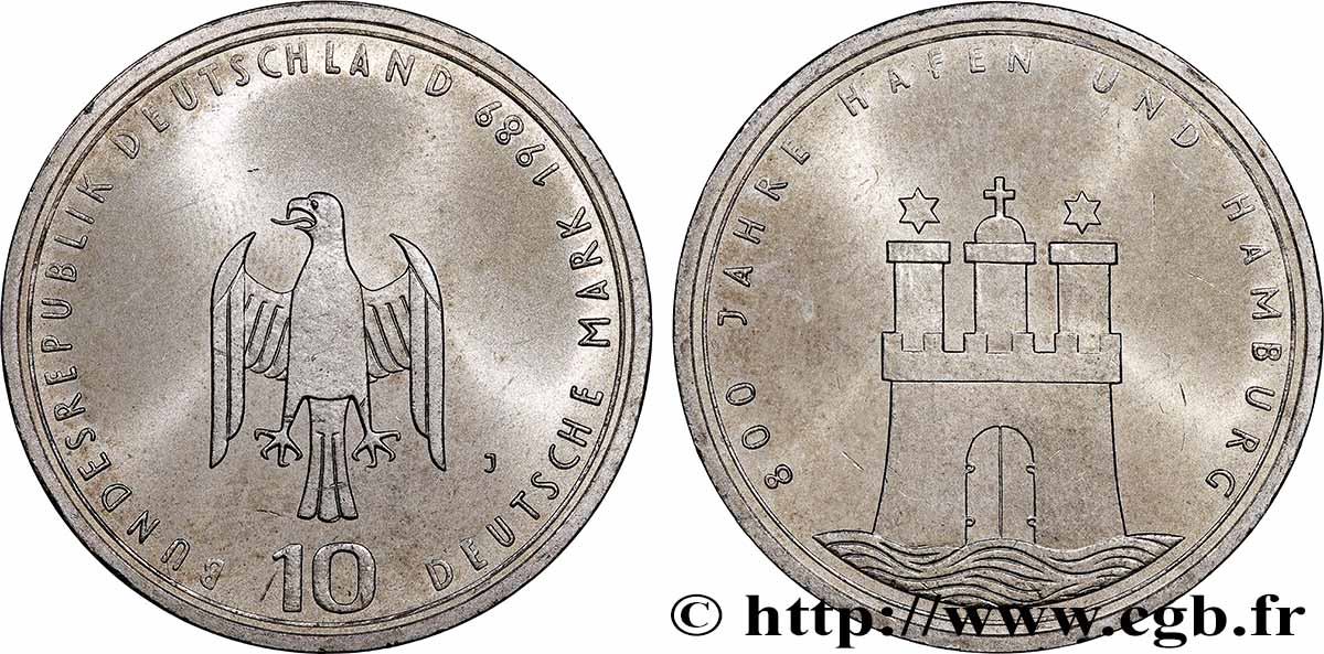 ALLEMAGNE 10 Mark 800e anniversaire de la charte de ville libre de Hambourg 1989 Hambourg SPL 