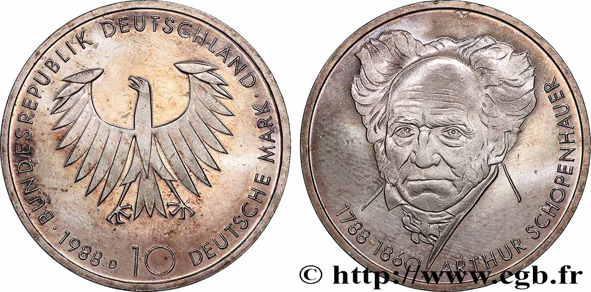 ALLEMAGNE 10 Mark Proof Schopenhauer 1988 Munich SPL 