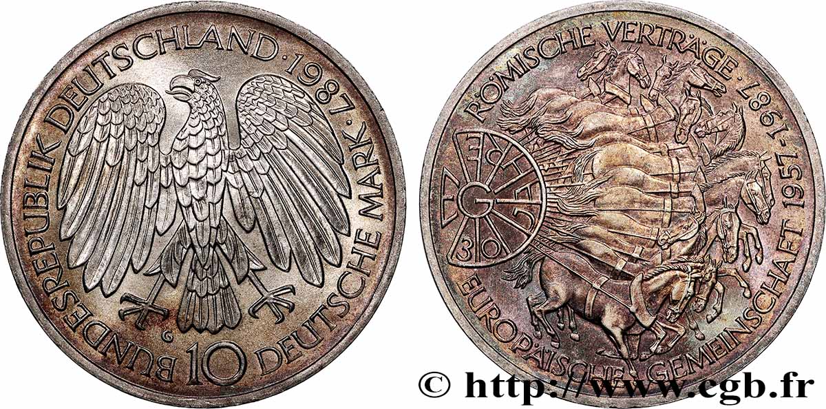 ALLEMAGNE 10 Mark / 30e anniversaire du Traité de Rome et de l’Union Européenne 1987 Karlsruhe SPL 