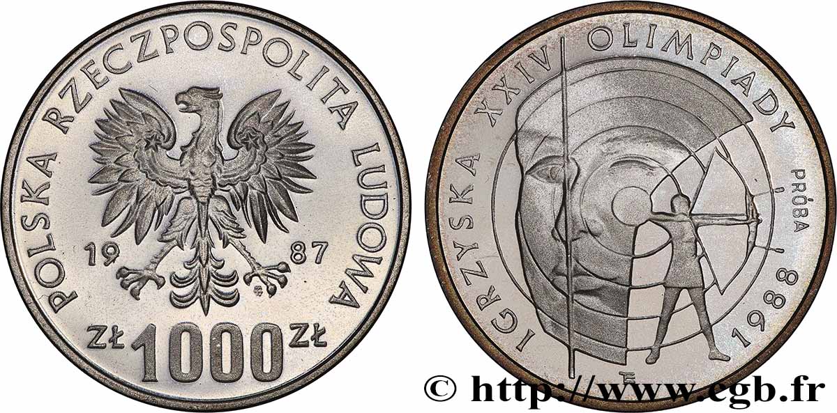 POLOGNE 1000 Zlotych Proba Proof Jeux Olympiques de Séoul 1988 - Tir à l’arc 1987 Varsovie SPL 