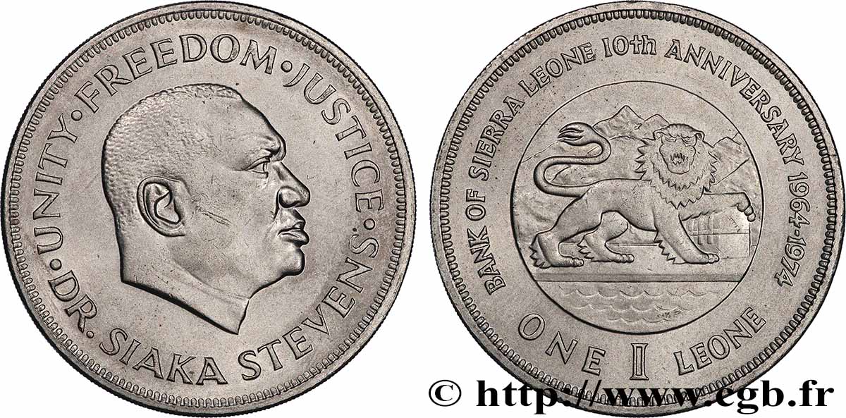 SIERRA LEONE 1 Leone 10e anniversaire de la Banque centrale de Sierra Leone 1974  MS 