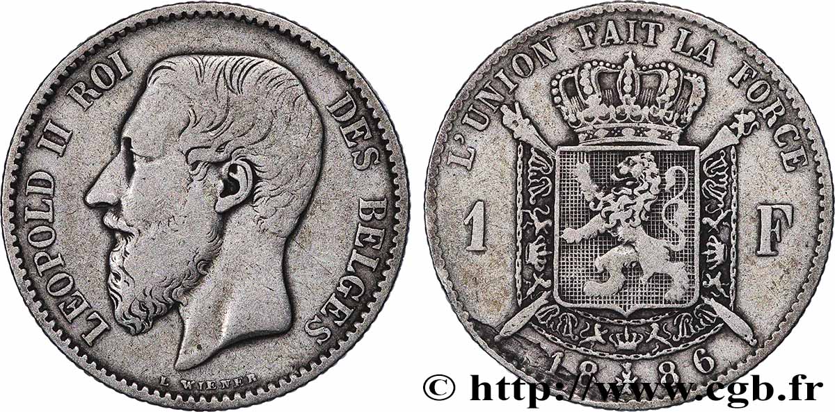 BELGIQUE 1 Franc Léopold II légende française signature L WIENER 1886 Bruxelles TB+ 