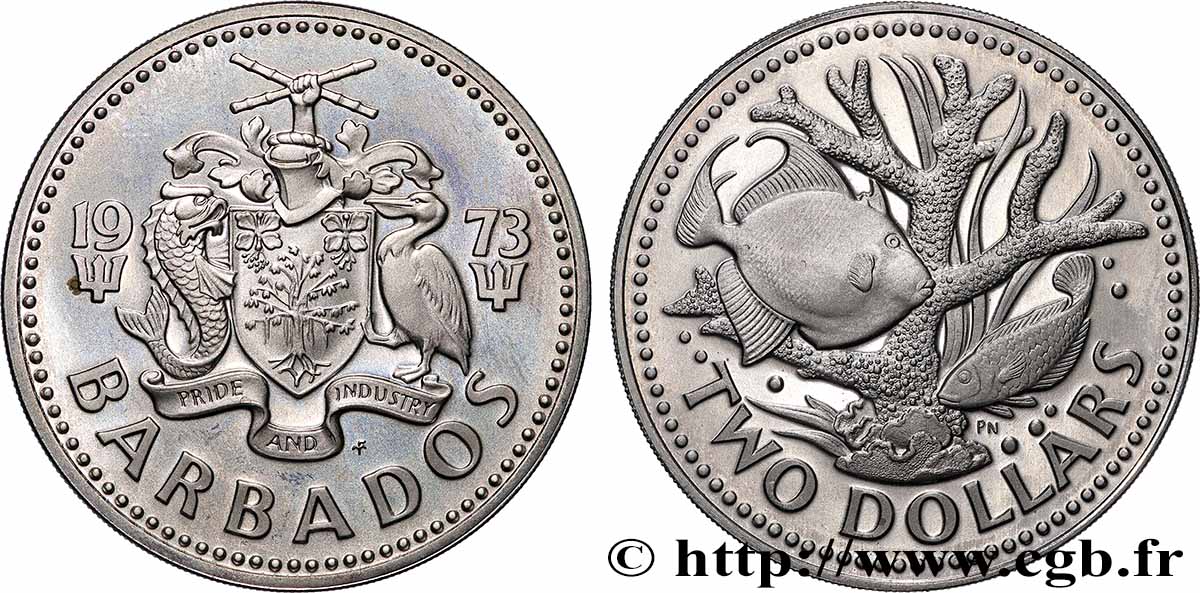 BARBADOS 2 Dollars Proof Poissons et corail 1973  fST 