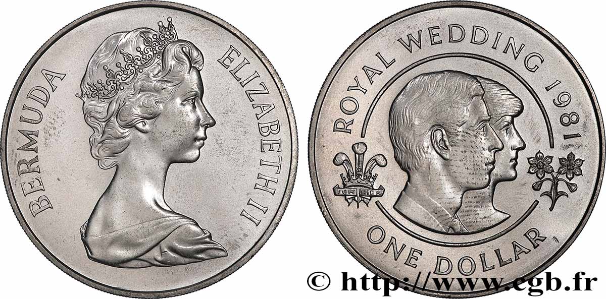 BERMUDAS 1 Dollar Elisabeth II / Mariage du prince Charles et de lady Diana 1981  fST 