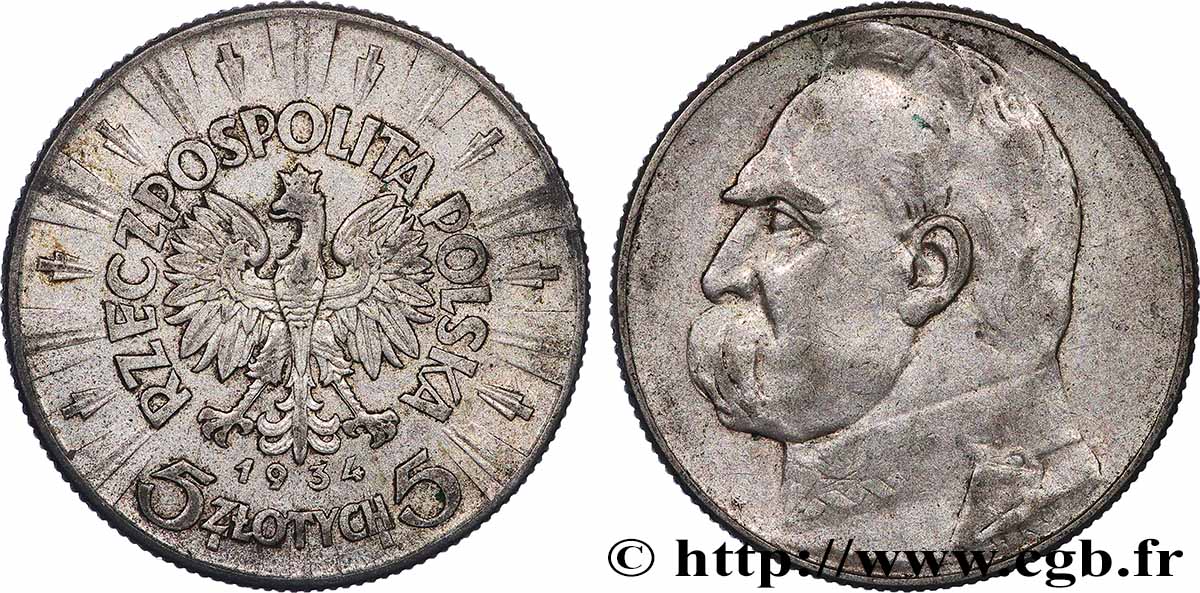 POLOGNE 5 Zlotych Joseph Pilsudski 1934 Varsovie TTB 