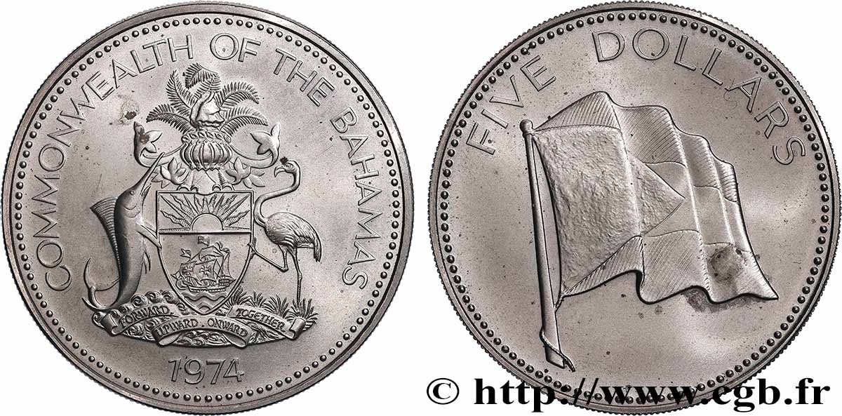 BAHAMAS 5 Dollars emblème / drapeau 1974  MS 