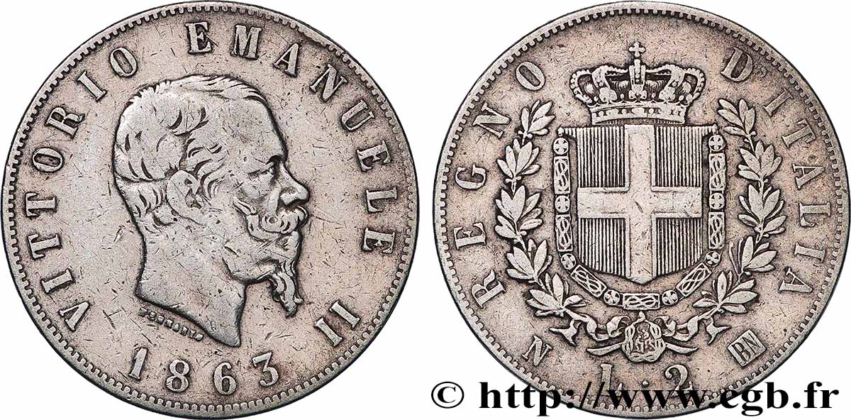ITALIE 2 Lire Victor Emmanuel II 1863 Naples TB+ 