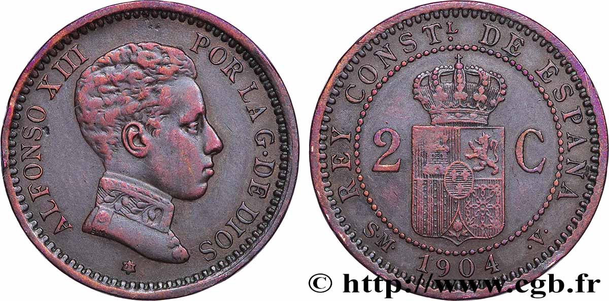 ESPAGNE 2 Centimos Alphonse XIII 1904 Madrid TTB 