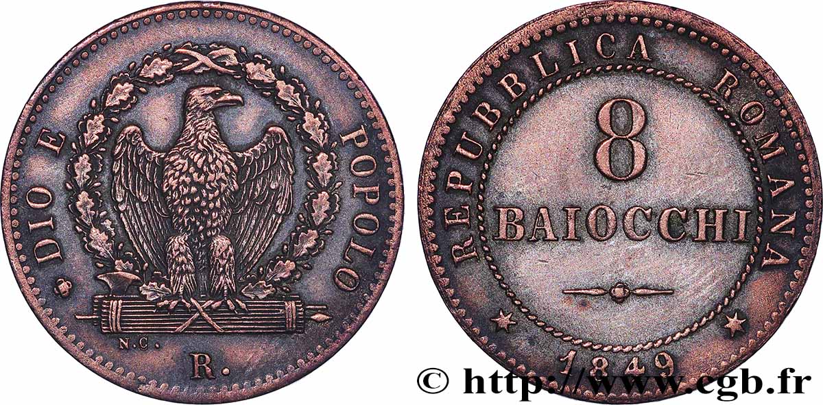 ITALIE - RÉPUBLIQUE ROMAINE 8 Baiocchi  1849 Rome TTB 