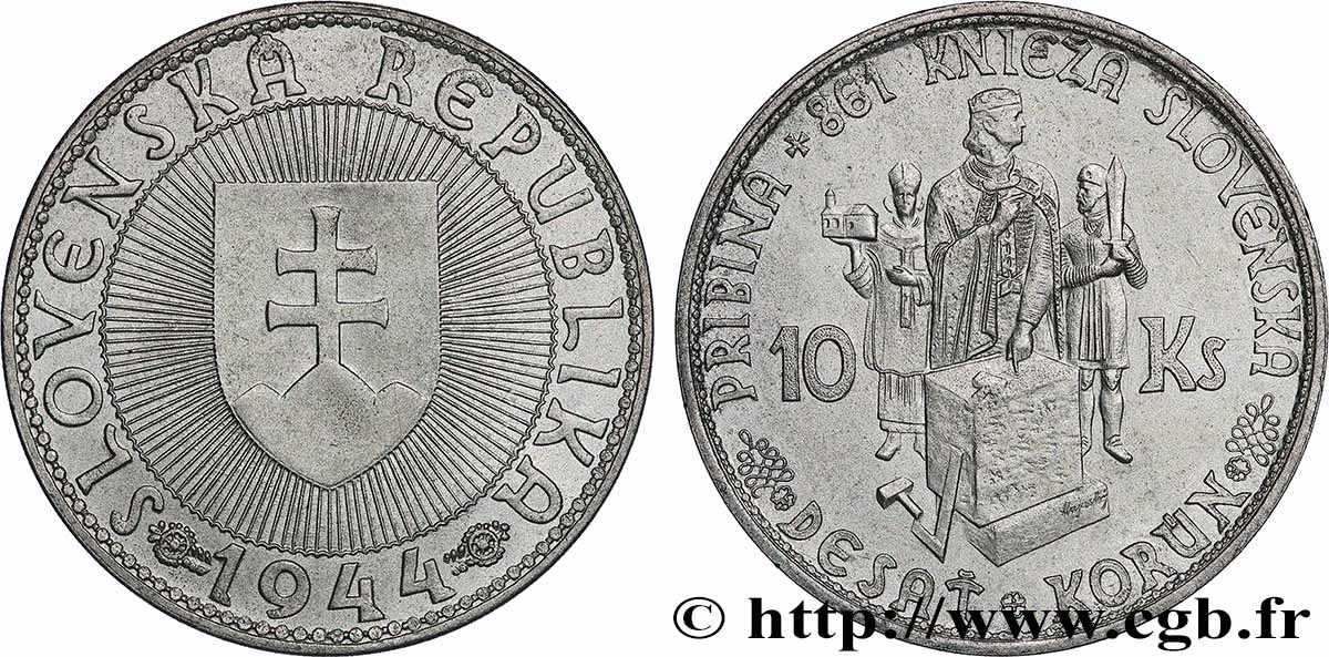 ESLOVAQUIA 10 Korun Prince Pribina variété avec croix sur l’église 1944  EBC 