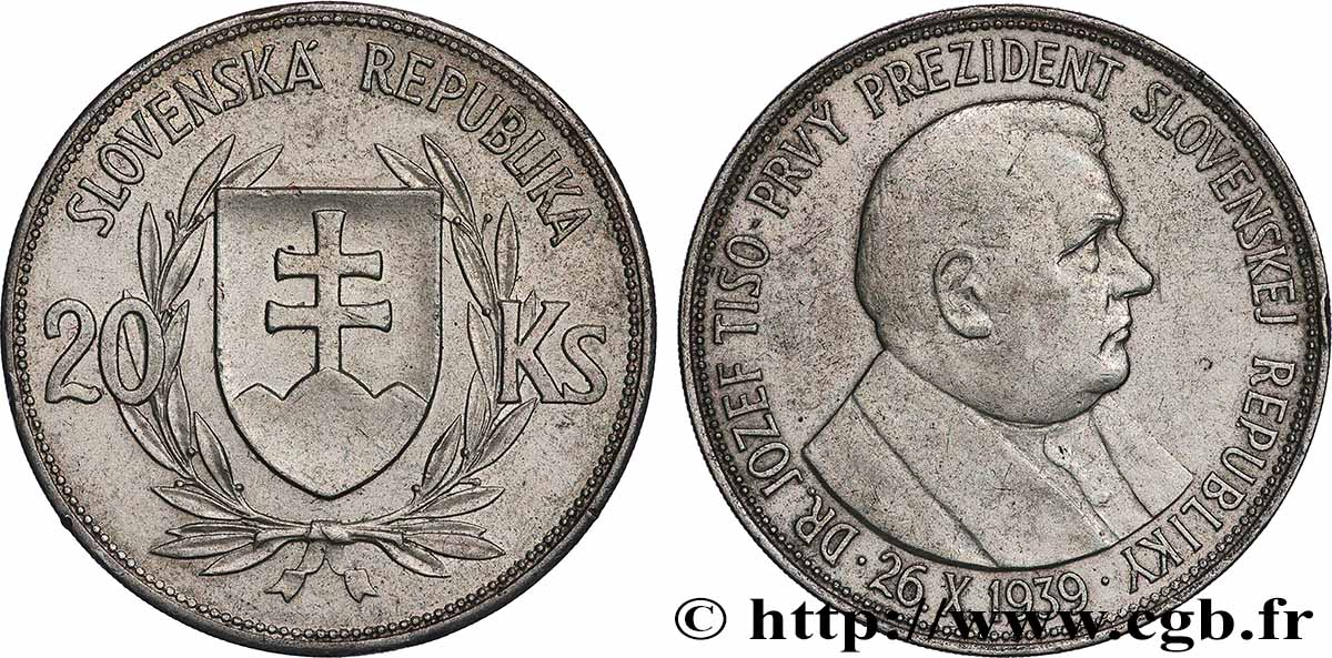 SLOVAQUIE 20 Korun Dr. Joseph Tiso 1939  TTB+ 