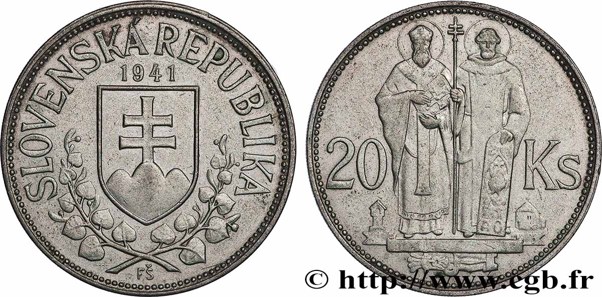 SLOVAQUIE 20 Korun St Cyril et St Méthode variété avec croix à simple barre 1941  TTB+ 