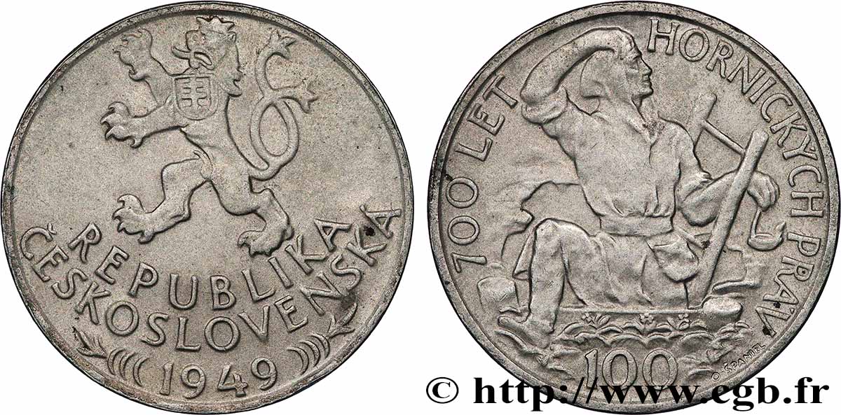 TCHÉCOSLOVAQUIE 100 Korun 700e anniversaire des privilèges miniers de Jihlava 1949  TTB+ 