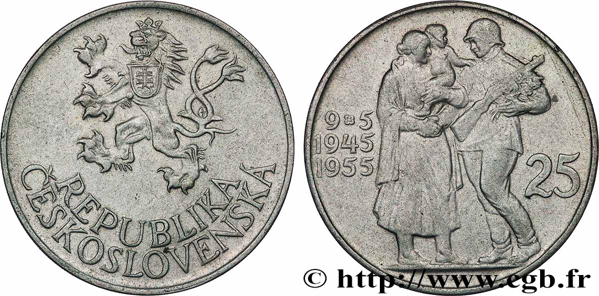 TCHÉCOSLOVAQUIE 25 Korun 10e anniversaire de la libération 1955  TTB+ 