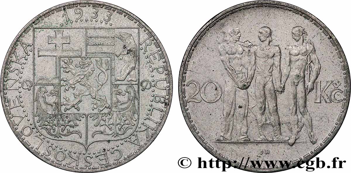 CZECHOSLOVAKIA 20 Korun Industrie, Agriculture et Commerce 1933  AU 
