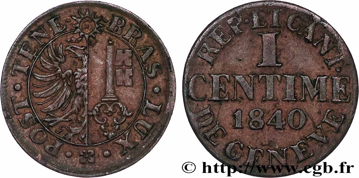 SUISSE - RÉPUBLIQUE DE GENÈVE 1 Centime - Canton de Genève 1840  TTB+ 