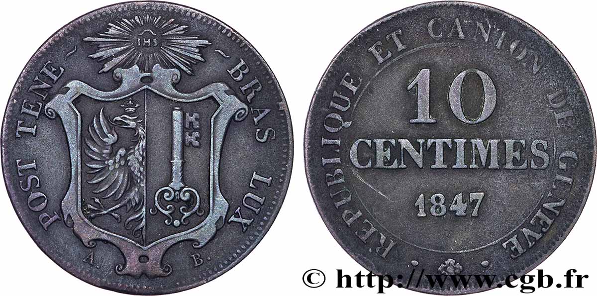 SUISSE - RÉPUBLIQUE DE GENÈVE 10 Centimes 1847  TTB+ 