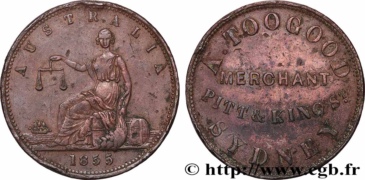 AUSTRALIA Token de 1 Penny publicitaire pour A. Toogood 1855 Sydney XF 