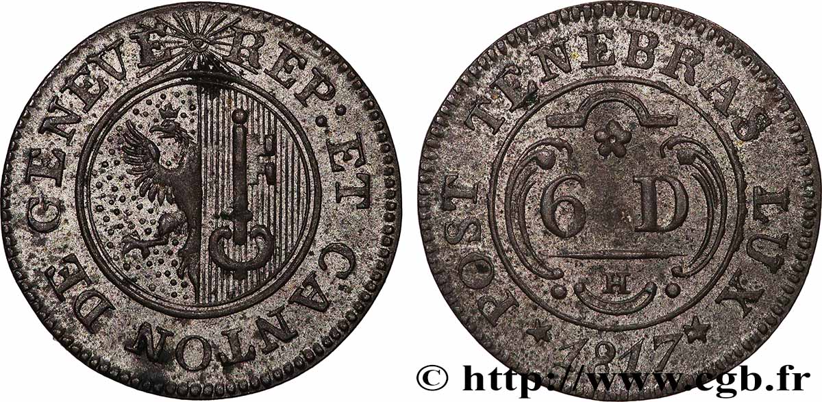 SUISSE - RÉPUBLIQUE DE GENÈVE 6 Deniers 1817  TTB 
