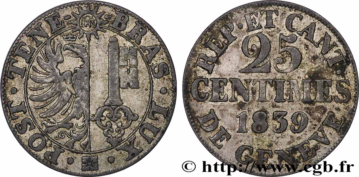 SWITZERLAND - REPUBLIC OF GENEVA 25 Centimes 1839  XF 