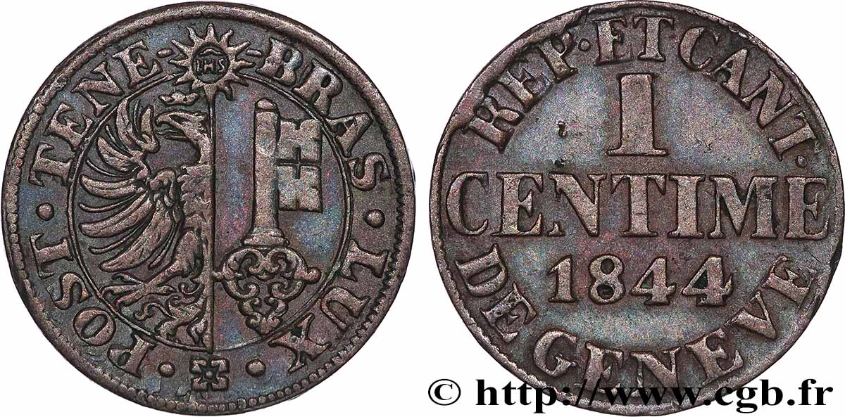 SUISSE - RÉPUBLIQUE DE GENÈVE 1 Centime 1844 Genève TTB 